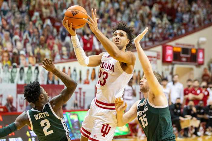 Indiana forward Trayce Jackson-Davis (23) scores two of his 34 points against Michigan State on Feb. 20 at Assembly Hall. (Trevor Ruszkowski-USA TODAY Sports)